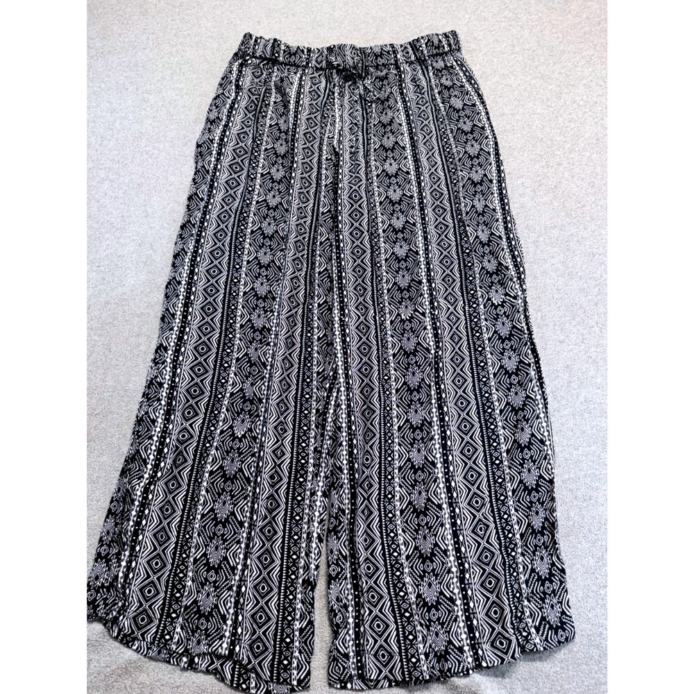 Boca Bay Petite Large Black White Tribal Print Palazzo Pants Wide Leg Rayon Boho